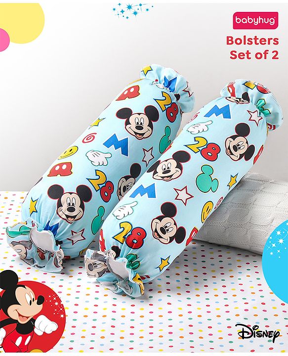 Babyhug Disney Cotton Bolsters with Mickey Face Print Set of 2 - Blue