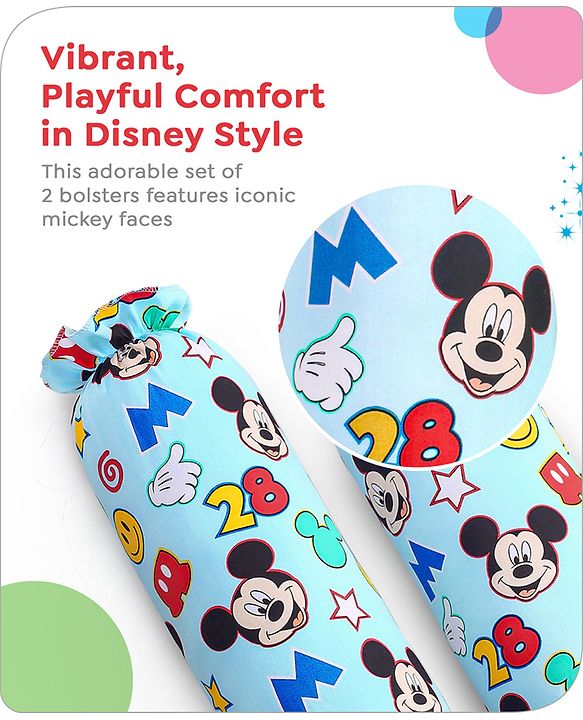 Babyhug Disney Cotton Bolsters with Mickey Face Print Set of 2 - Blue