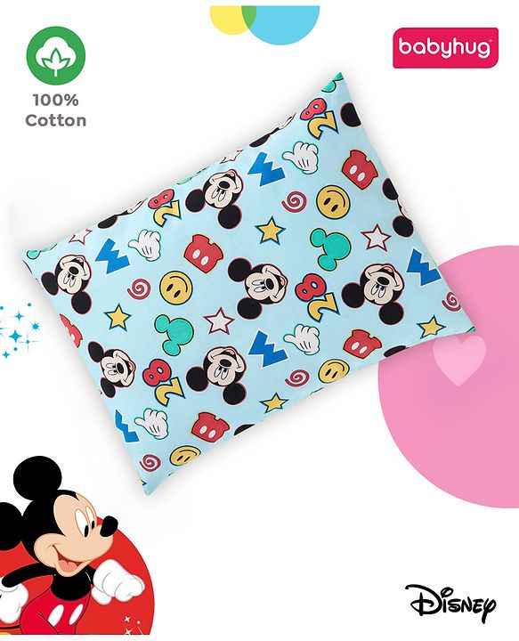 Babyhug Disney Cotton Rectangular Pillow With Smiley Mickey Face Print - Blue