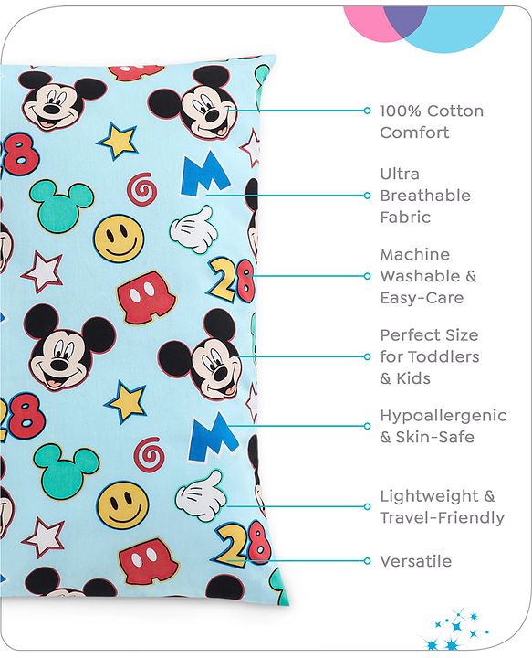 Babyhug Disney Cotton Rectangular Pillow With Smiley Mickey Face Print - Blue