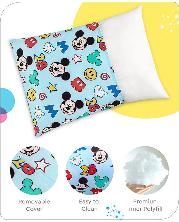 Babyhug Disney Cotton Rectangular Pillow With Smiley Mickey Face Print - Blue