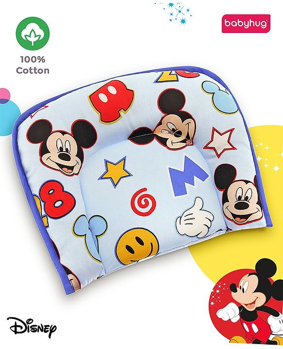 Babyhug Disney Cotton U Shape Pillow with Smiley Mickey Face Print - Blue