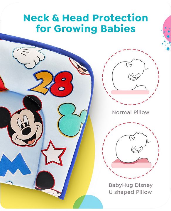Babyhug Disney Cotton U Shape Pillow with Smiley Mickey Face Print - Blue