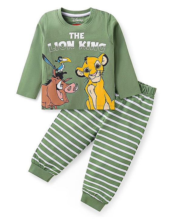Babyhug Disney Single Jersey Knit Full Sleeves Night Suit with Simba & Friends Graphics & Stripes - Green