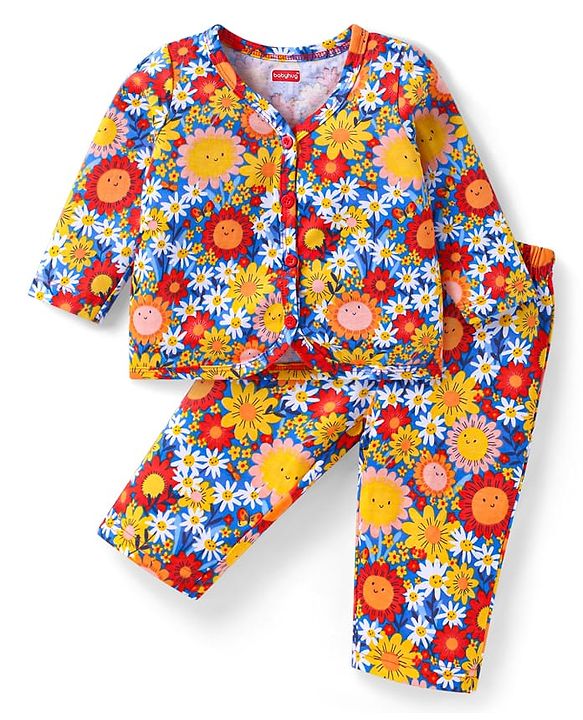 Babyhug Single Jersey Knit Full Sleeves Night Suit With Floral Print - Multi Colour