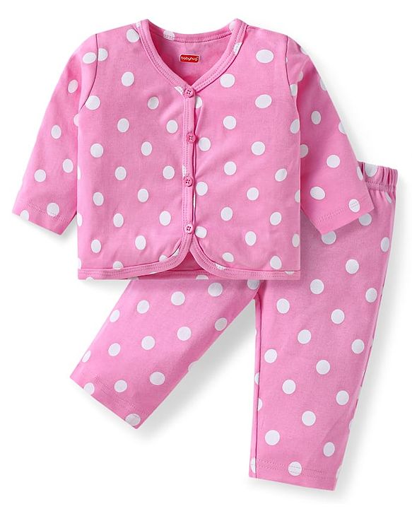 Babyhug Interlock Knit Full Sleeves Night Suit With Polka Dot Print - Pink