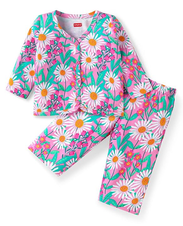 Babyhug Single Jersey Knit Full Sleeves Night Suit With Floral Print - Purple