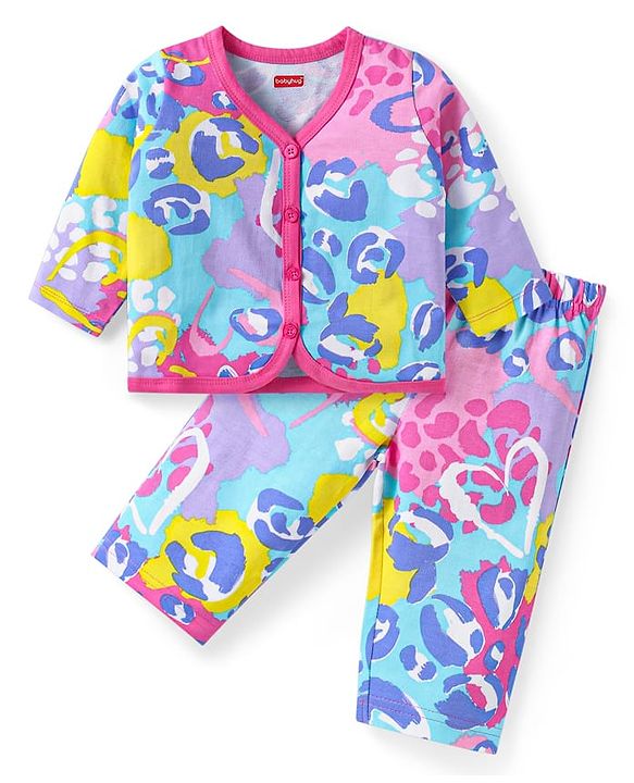 Babyhug Terry Knit Full Sleeves Printed Night Suit - Multi Colour