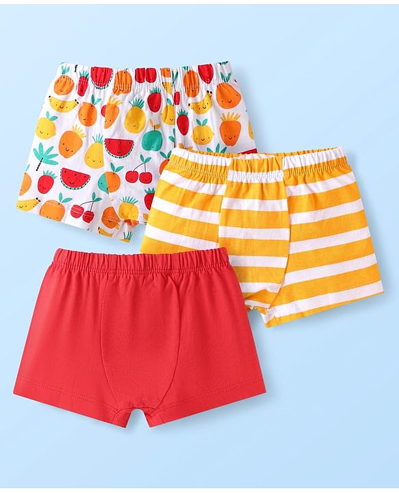 Babyhug 100% Cotton Knit Trunks with Stripes & Fruit Prints Pack of 3 - Yellow & Red