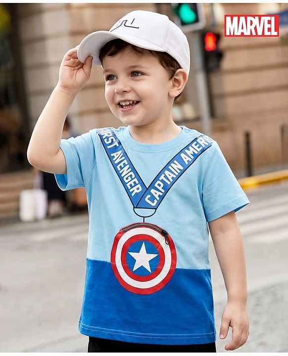Babyhug Marvel Single Jersey Knit Half Sleeves Cut & Sew T-Shirt With Captain America Logo Applique - Blue