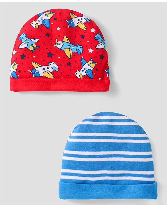Babyhug 100% Cotton Cap with Stripes & Airplane Print Pack of 2 Blue & Red - Diameter 12