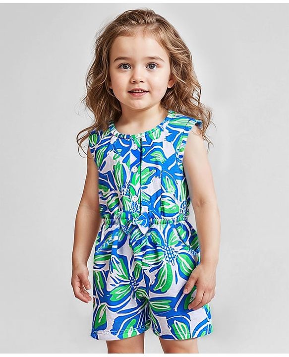 Babyhug Cotton Knit Sleeveless Jumpsuit With Floral Print & Bow Applique - White