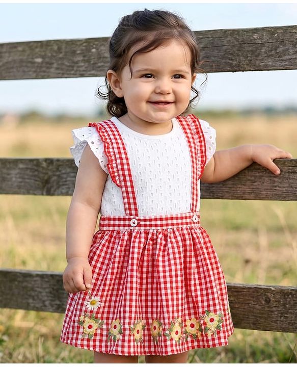 Babyhug Single Jersey Knit Frill Sleeves Top & Checks Skirt Set With Floral Embroidery - White & Pink