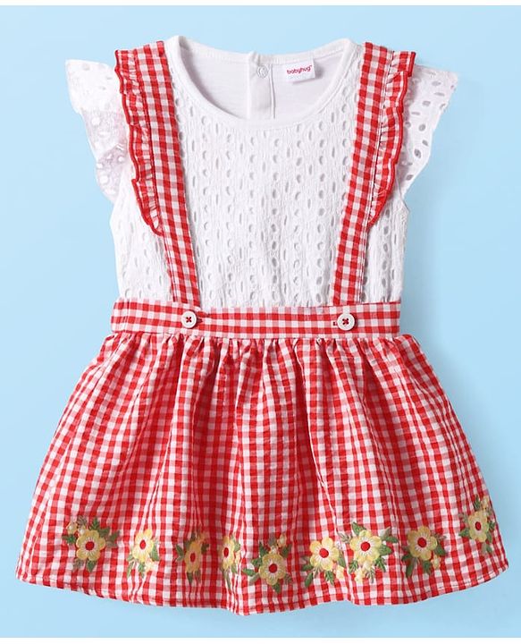 Babyhug Single Jersey Knit Frill Sleeves Top & Checks Skirt Set With Floral Embroidery - White & Pink