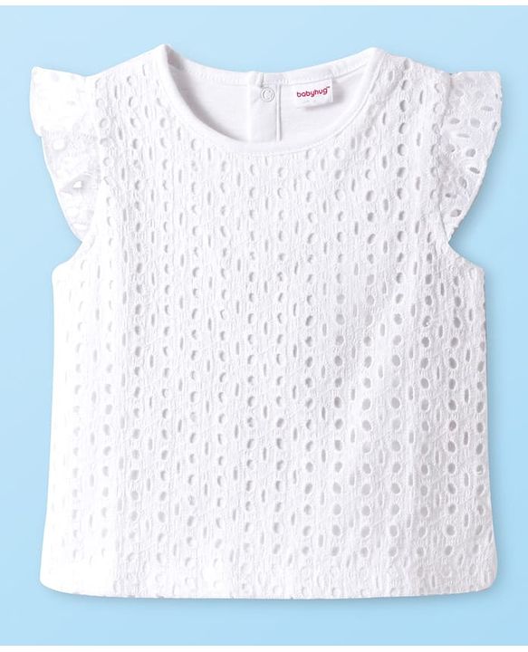 Babyhug Single Jersey Knit Frill Sleeves Top & Checks Skirt Set With Floral Embroidery - White & Pink
