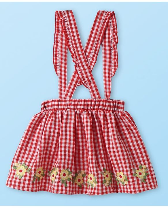 Babyhug Single Jersey Knit Frill Sleeves Top & Checks Skirt Set With Floral Embroidery - White & Pink