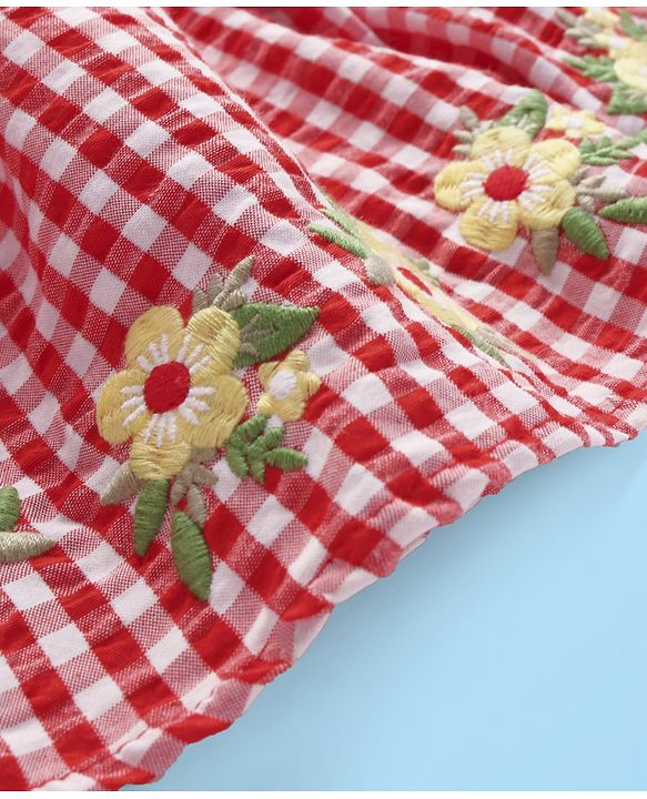 Babyhug Single Jersey Knit Frill Sleeves Top & Checks Skirt Set With Floral Embroidery - White & Pink