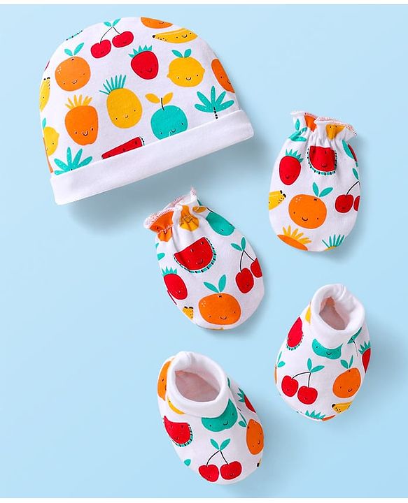 Babyhug 100% Cotton Knit Cap Mittens & Booties Set with Fruits Print White - Diameter 12 cm