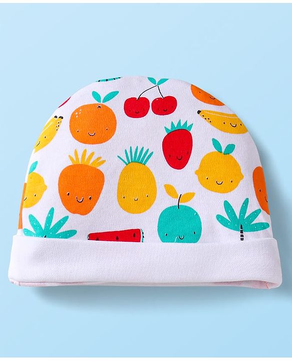 Babyhug 100% Cotton Knit Cap Mittens & Booties Set with Fruits Print White - Diameter 12 cm