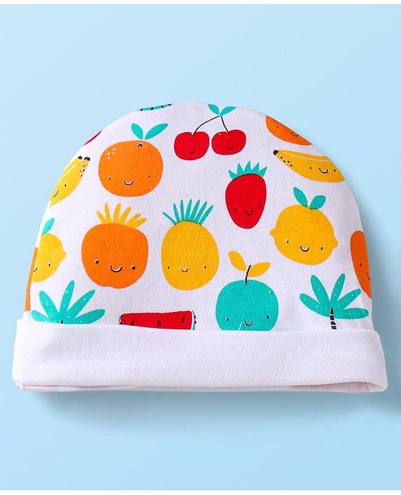 Babyhug 100% Cotton Knit Cap Mittens & Booties Set with Fruits Print White - Diameter 12 cm