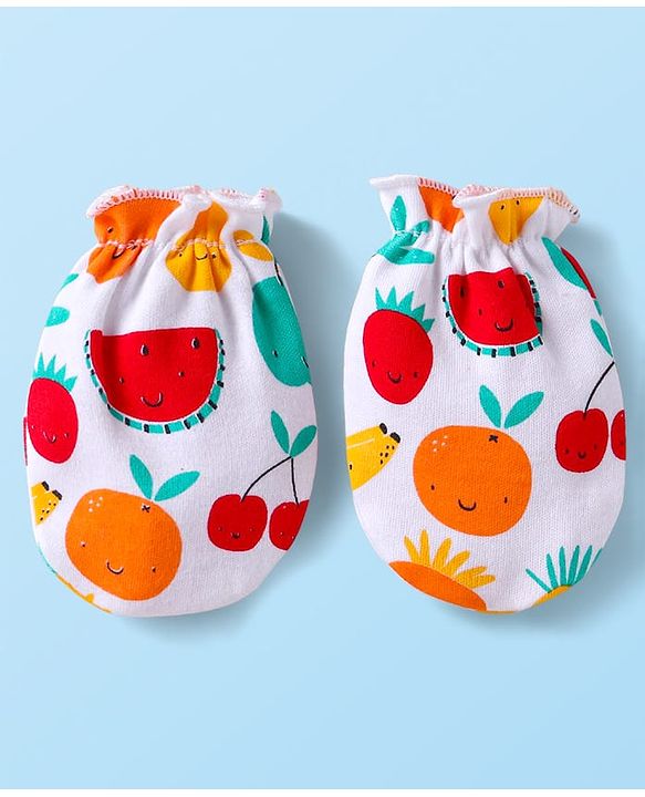Babyhug 100% Cotton Knit Cap Mittens & Booties Set with Fruits Print White - Diameter 12 cm