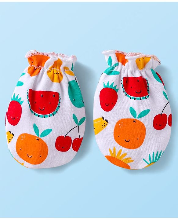 Babyhug 100% Cotton Knit Cap Mittens & Booties Set with Fruits Print White - Diameter 12 cm