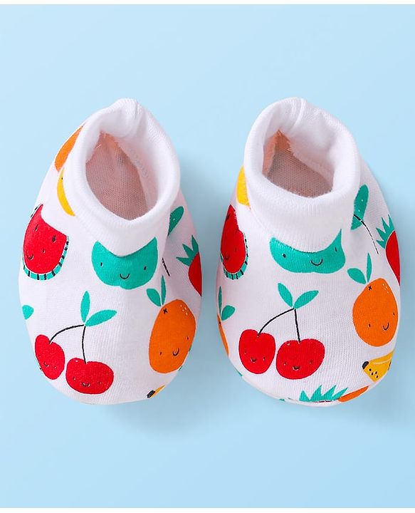 Babyhug 100% Cotton Knit Cap Mittens & Booties Set with Fruits Print White - Diameter 12 cm