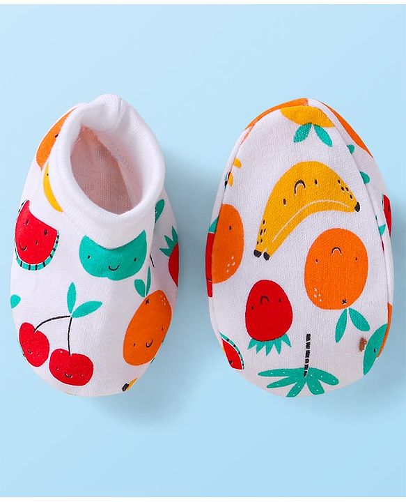 Babyhug 100% Cotton Knit Cap Mittens & Booties Set with Fruits Print White - Diameter 12 cm
