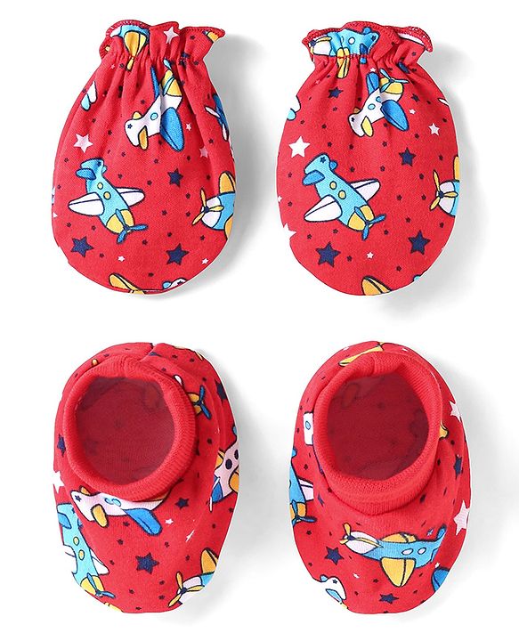 Babyhug 100% Cotton Knit Mittens & Booties Set with Airplane Print - Red