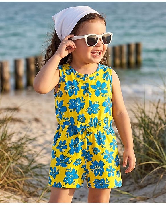 Babyhug Cotton Knit Sleeveless Jumpsuit With Floral Print & Bow Applique - Yellow