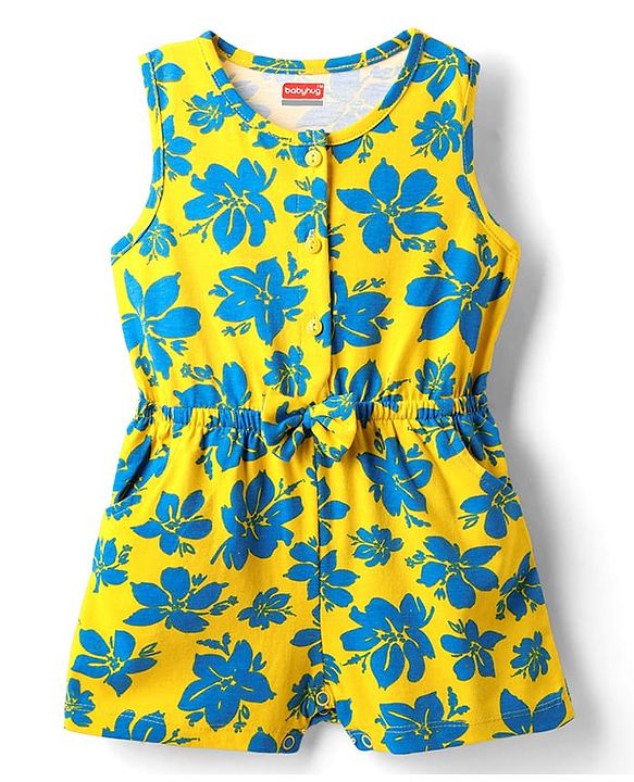 Babyhug Cotton Knit Sleeveless Jumpsuit With Floral Print & Bow Applique - Yellow