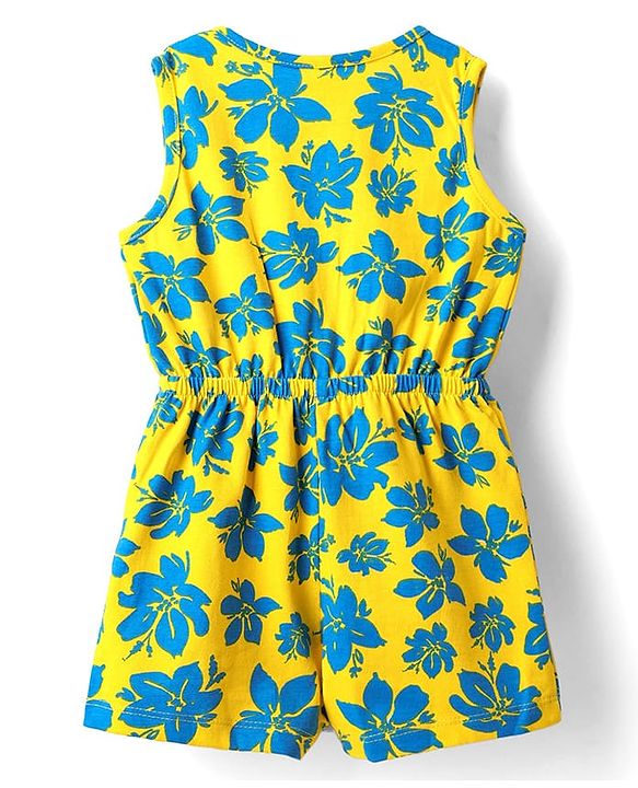 Babyhug Cotton Knit Sleeveless Jumpsuit With Floral Print & Bow Applique - Yellow