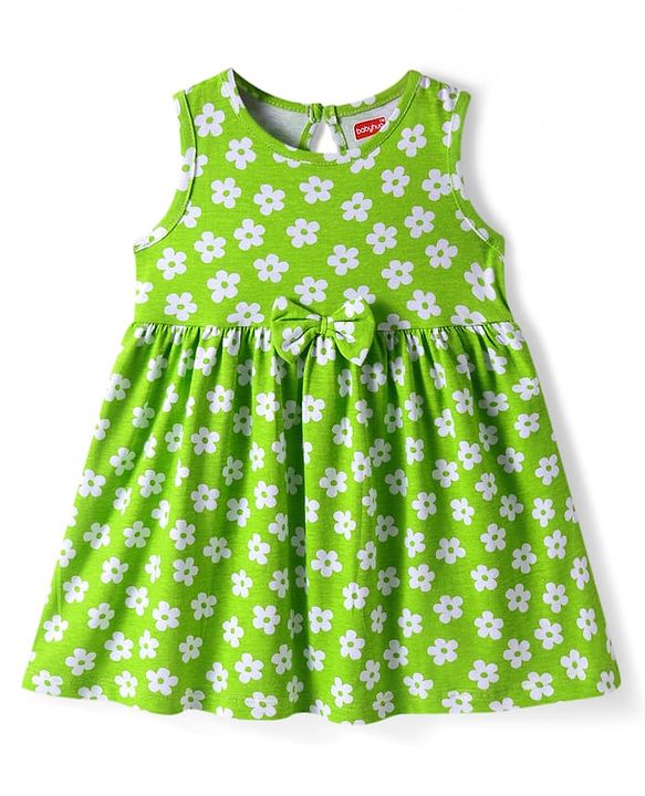 Babyhug Single Jersey Knit Sleeveless Frock with Floral Print & Bow Applique - Green