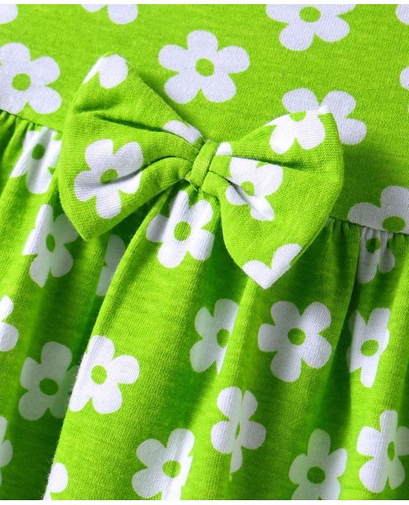 Babyhug Single Jersey Knit Sleeveless Frock with Floral Print & Bow Applique - Green