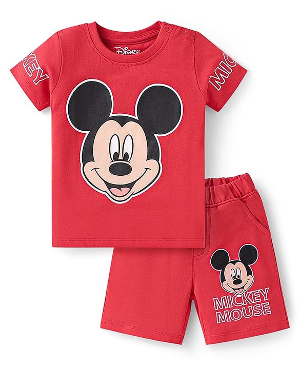 Babyhug Disney  Single Jersey Knit Half Sleeves T-Shirt & Shorts Set with Mickey Mouse Graphics - Red