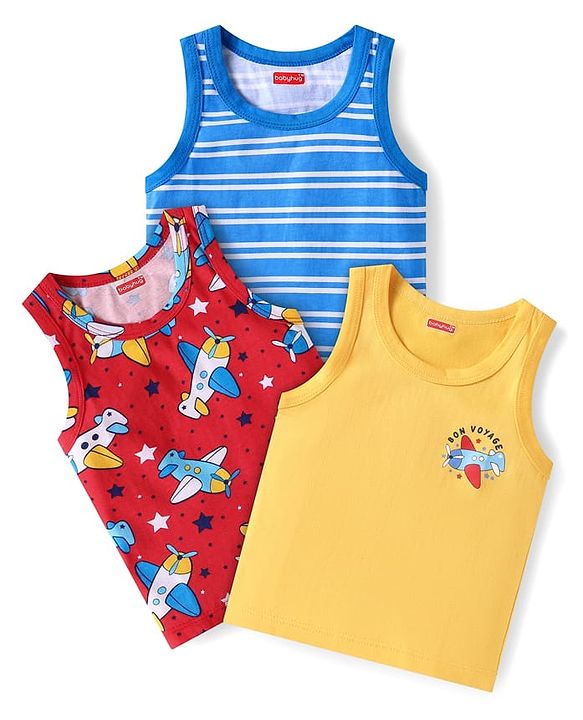 Babyhug 100% Cotton Knit Sleeveless Striped Sando with Airplane Print Pack of 3 - Red Yellow & Blue