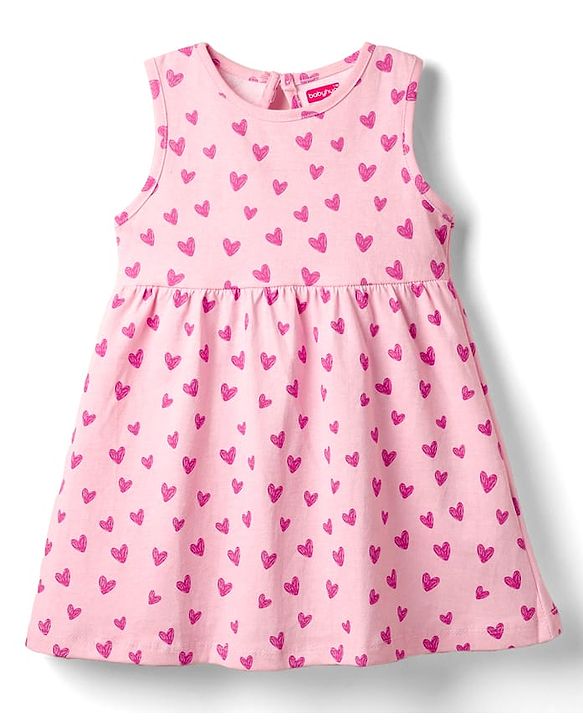 Babyhug Single Jersey Knit Sleeveless Frock with Heart Print - Pink