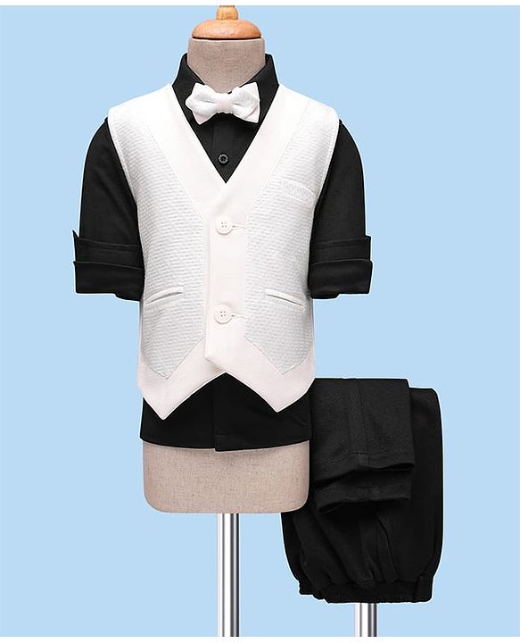 Babyhug Knit Full Sleeves Solid 3 Piece Party Suit With Bow - White & Black