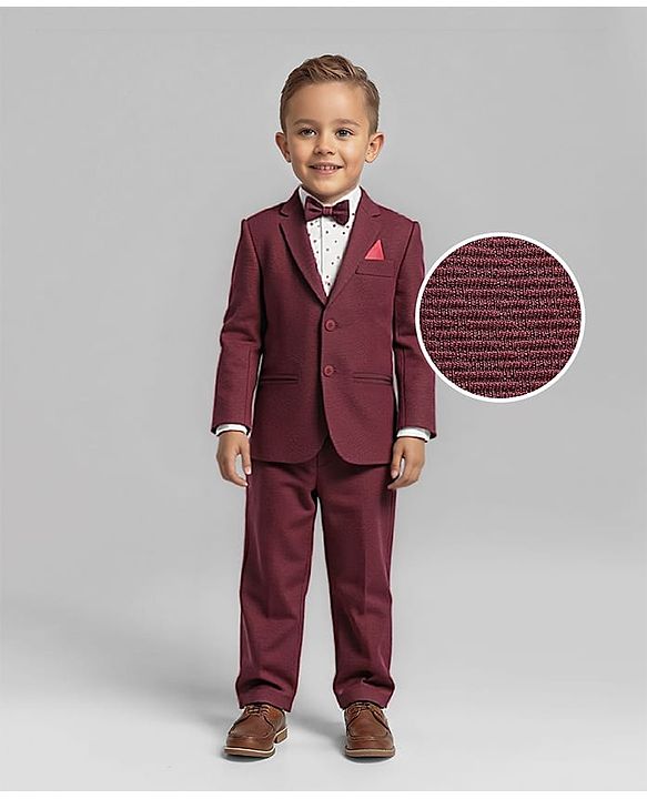 Babyhug Knit Full Sleeves Printed 3 Piece Party Suit With Bow - Maroon