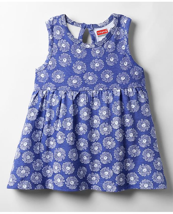 Babyhug Single Jersey Knit Sleeveless Frock with Floral Print - Blue