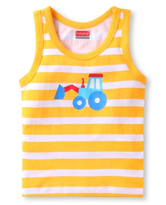 Babyhug 100% Cotton Knit Half Sleeves Sando Vests With Construction Vehicles Print Pack of 3 - Red Yellow & Navy Blue