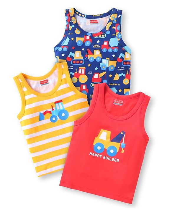 Babyhug 100% Cotton Knit Half Sleeves Sando Vests With Construction Vehicles Print Pack of 3 - Red Yellow & Navy Blue