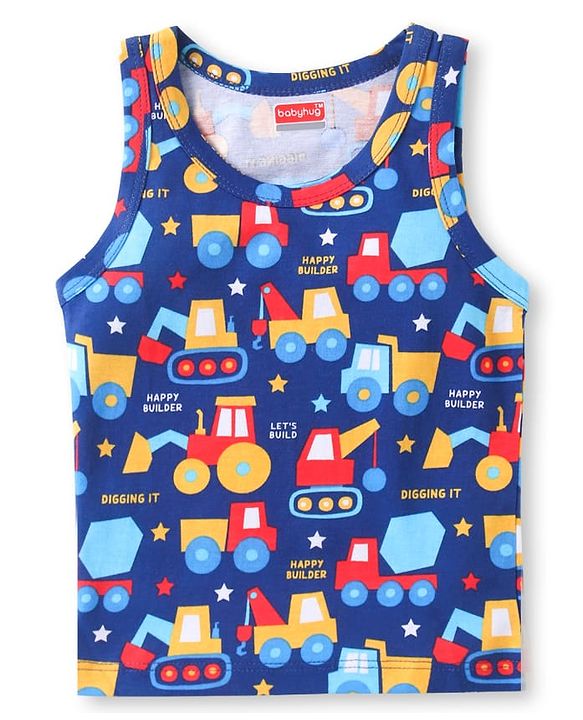 Babyhug 100% Cotton Knit Half Sleeves Sando Vests With Construction Vehicles Print Pack of 3 - Red Yellow & Navy Blue