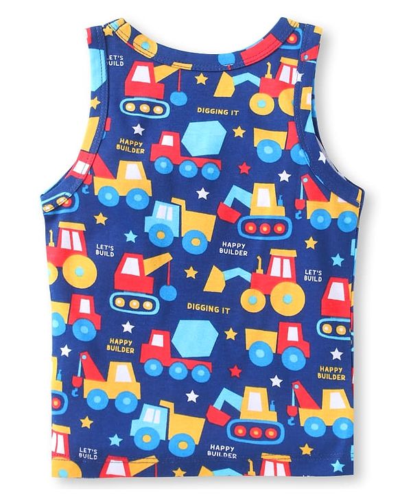 Babyhug 100% Cotton Knit Half Sleeves Sando Vests With Construction Vehicles Print Pack of 3 - Red Yellow & Navy Blue