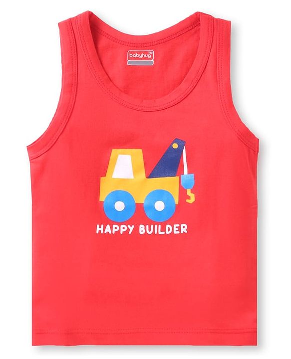 Babyhug 100% Cotton Knit Half Sleeves Sando Vests With Construction Vehicles Print Pack of 3 - Red Yellow & Navy Blue