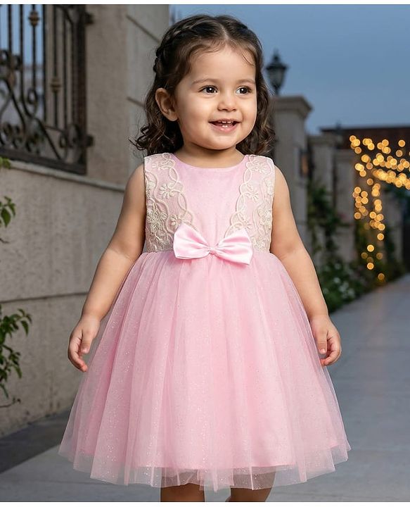 Babyhug Woven Sleeveless Fit & Flare Mesh Party Dress with Lace on Yoke & Bow Applique - Light Pink