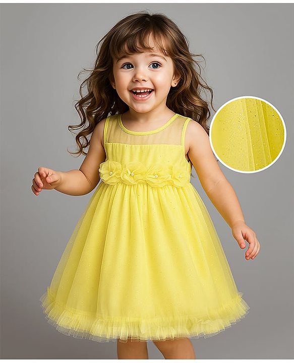 Babyhug Woven Sleeveless Solid Mesh Party Dress With 3D Floral Applique - Light Yellow