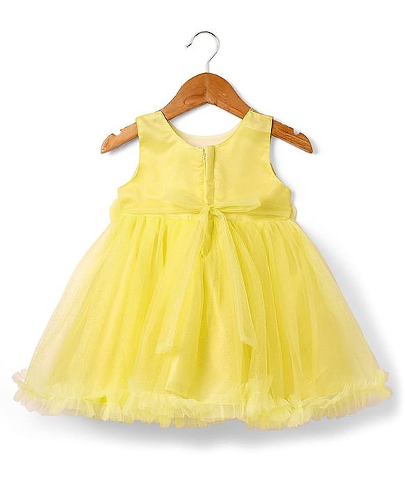 Babyhug Woven Sleeveless Solid Mesh Party Dress With 3D Floral Applique - Light Yellow