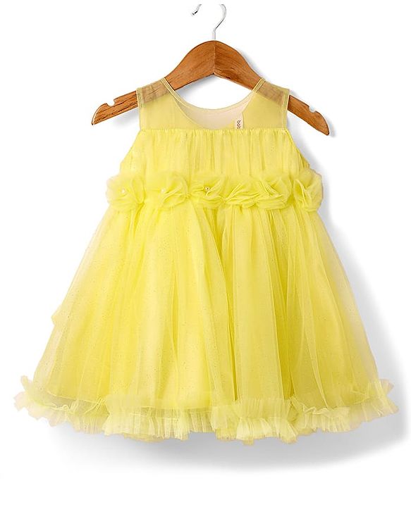 Babyhug Woven Sleeveless Solid Mesh Party Dress With 3D Floral Applique - Light Yellow