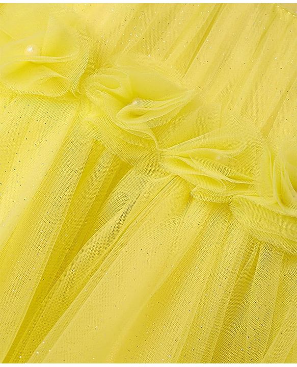 Babyhug Woven Sleeveless Solid Mesh Party Dress With 3D Floral Applique - Light Yellow